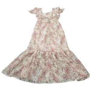 Solitaire Cottagecore Cream & Blush Pink Floral Large Eyelet Dress. Size Medium